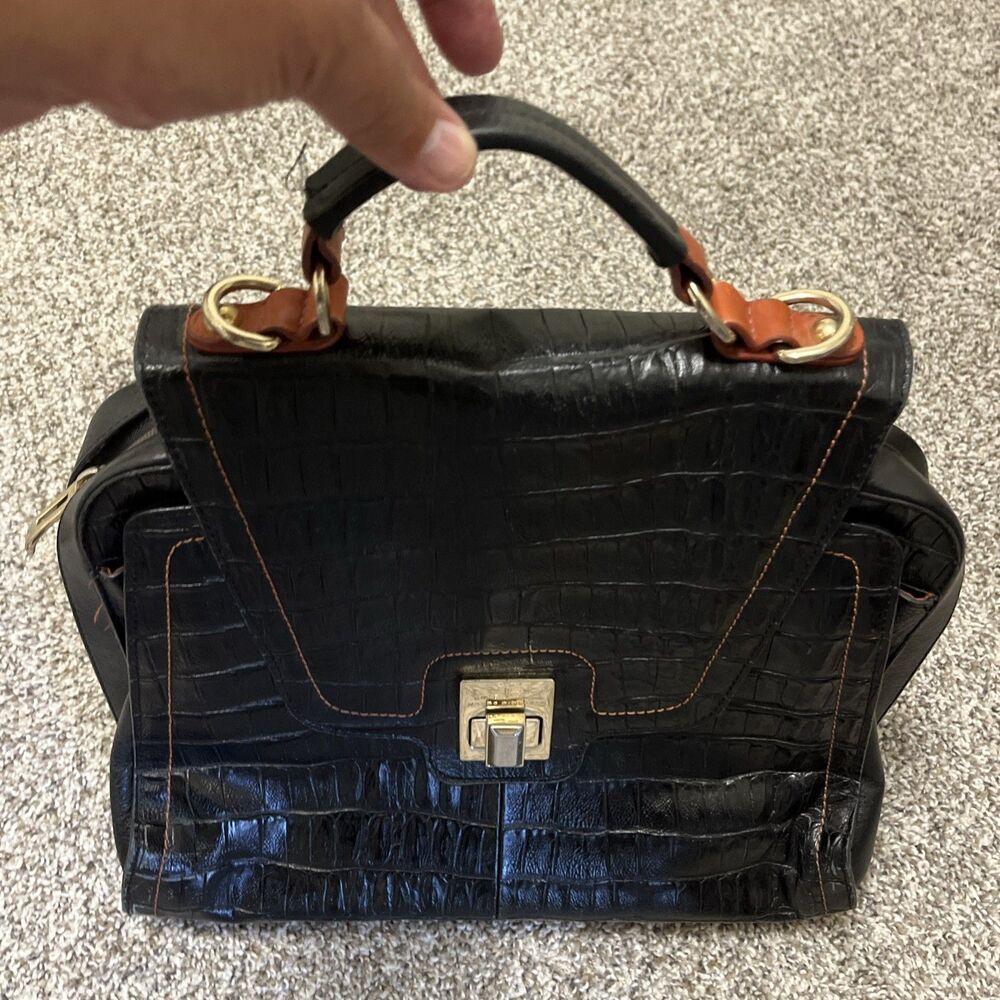 JORGE BISCHOFF Women's Crocodile Embossed Leather Satchel Handbag Dark Brown